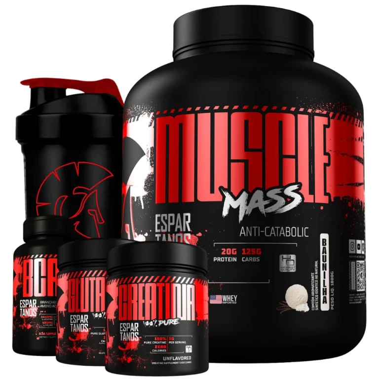 Kit Suplemento Hipercalórico Muscle Mass + Bcaa 3:1:1 + Creatina + Glutamina + Shaker – Espartanos